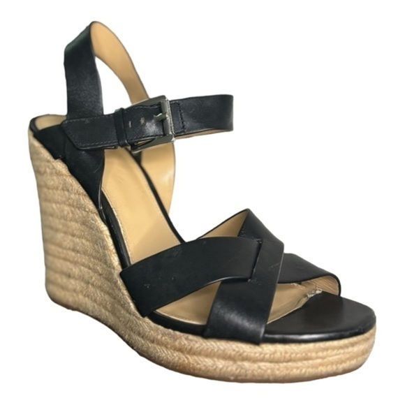 Michael Kors Black Leather Wedge Espadrille Sandals Size 10 Open Toe Ankle Strap - Picture 1 of 11